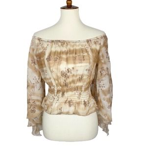 S/M VTG Y2k RAVE Tan Sheer Flowy Off Shoulder Crop Boho Gauzy Peasant Blouse Top